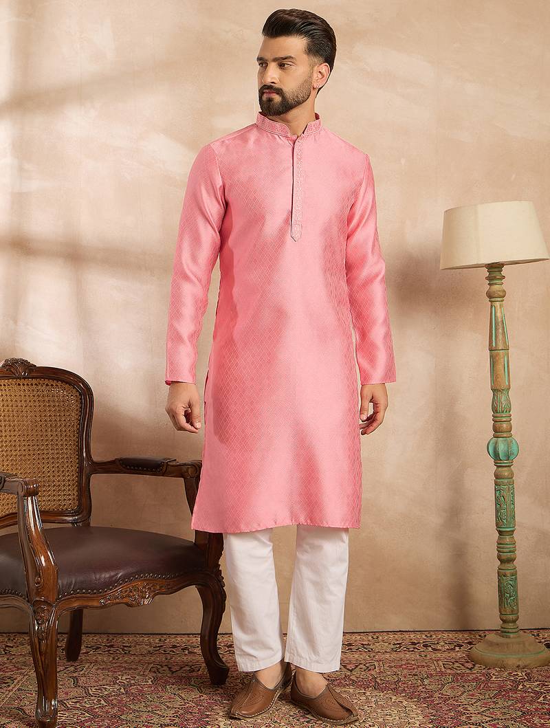 Men pink polyester solid embroidered straight kurta sets