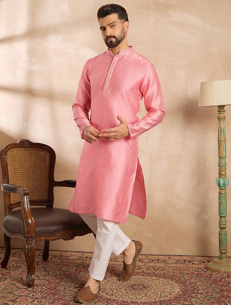 Men pink polyester solid embroidered straight kurta sets