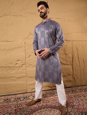 Men purple silk blend solid embroidered straight kurta 1