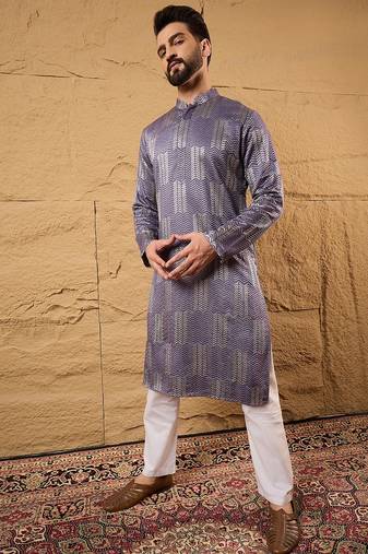 Men purple silk blend solid embroidered straight kurta