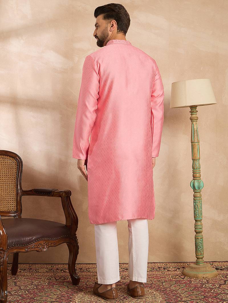 Men pink polyester solid embroidered straight kurta sets