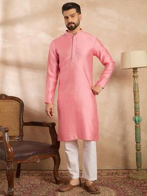 Men pink polyester solid embroidered straight kurta sets 5