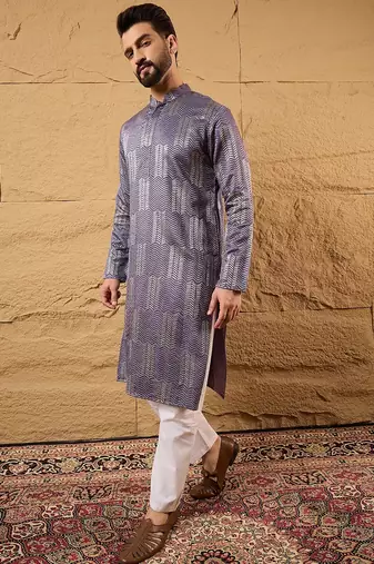 Men purple silk blend solid embroidered straight kurta