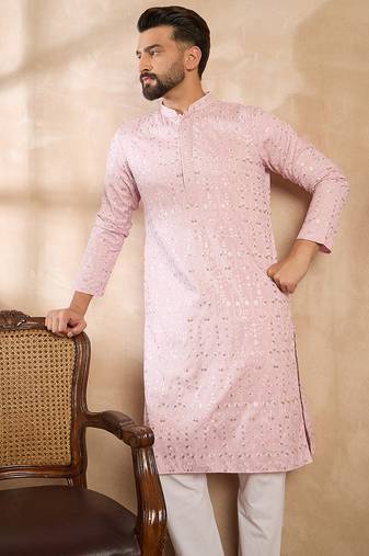 Men pink viscose rayon solid embroidered straight kurta sets