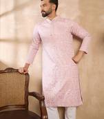 Men pink viscose rayon solid embroidered straight kurta sets