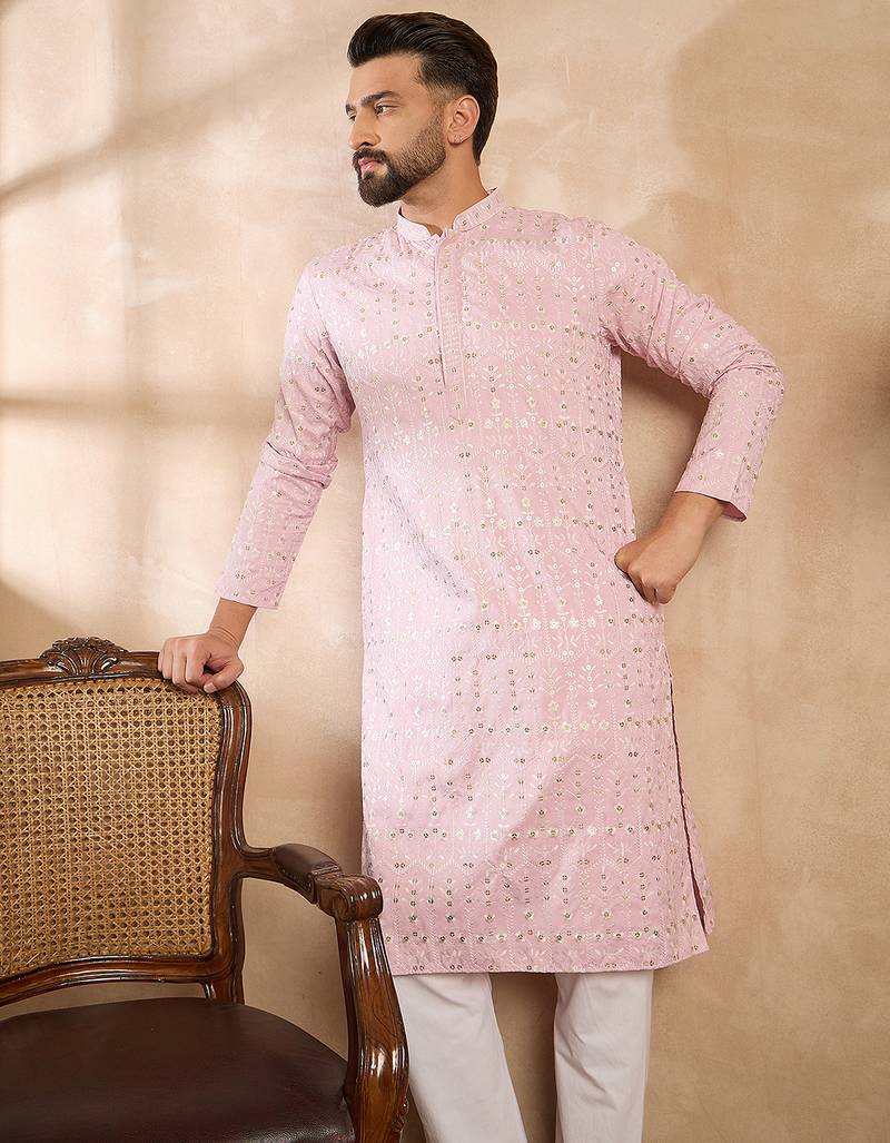 Men pink viscose rayon solid embroidered straight kurta sets