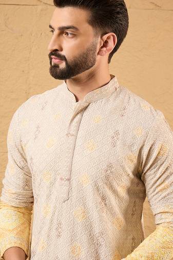 Men yellow viscose rayon ethnic motifs embroidered straight kurta
