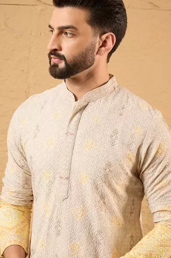 Men yellow viscose rayon ethnic motifs embroidered straight kurta