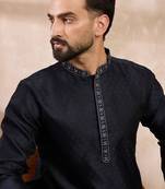 Men navy blue silk blend solid woven design straight kurta with trouser
