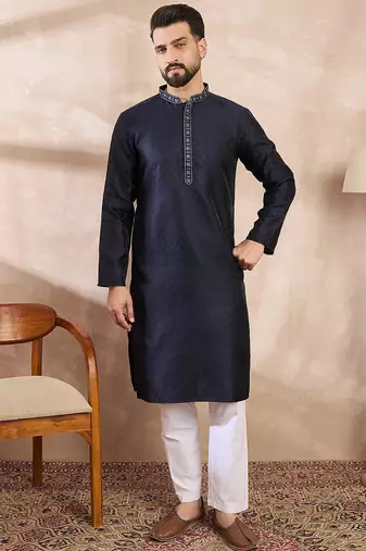 Men navy blue silk blend solid woven design straight kurta with trouser
