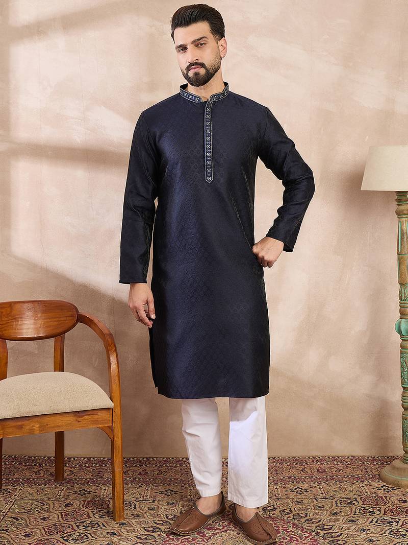 Men navy blue silk blend solid woven design straight kurta with trouser