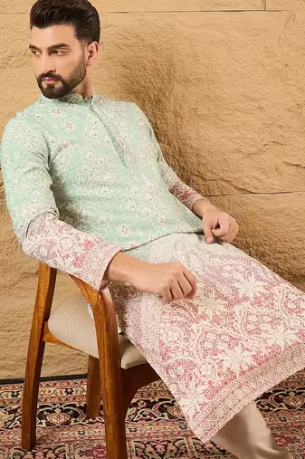 Men teal viscose rayon ethnic motifs embroidered straight kurta