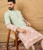 Men teal viscose rayon ethnic motifs embroidered straight kurta
