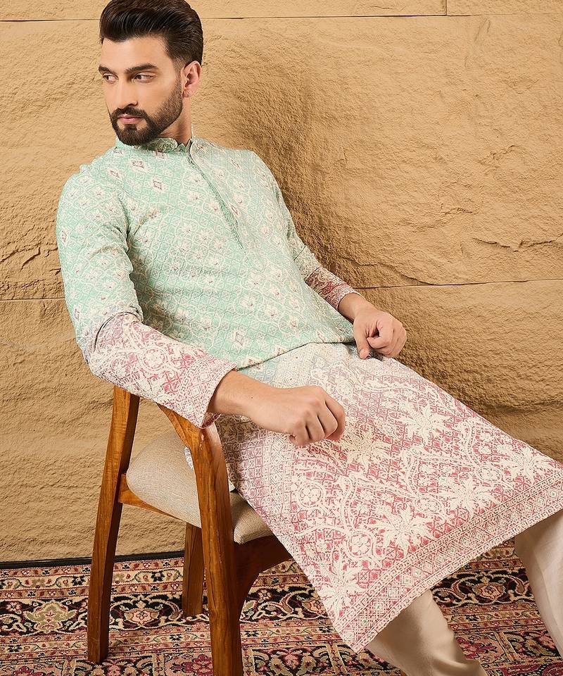 Men teal viscose rayon ethnic motifs embroidered straight kurta