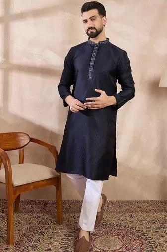 Men navy blue silk blend solid woven design straight kurta with trouser