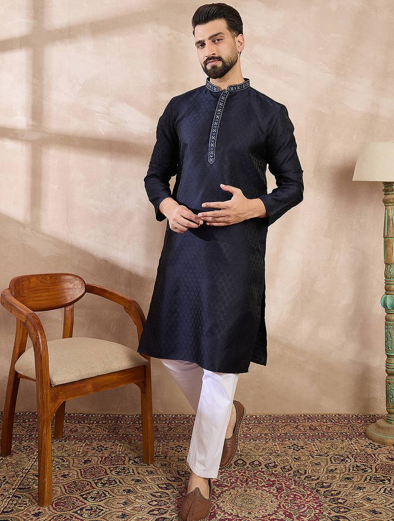 Men navy blue silk blend solid woven design straight kurta with trouser