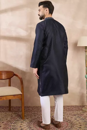 Men navy blue silk blend solid woven design straight kurta with trouser