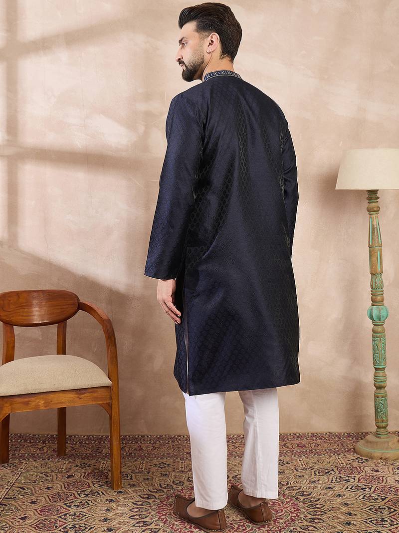 Men navy blue silk blend solid woven design straight kurta with trouser