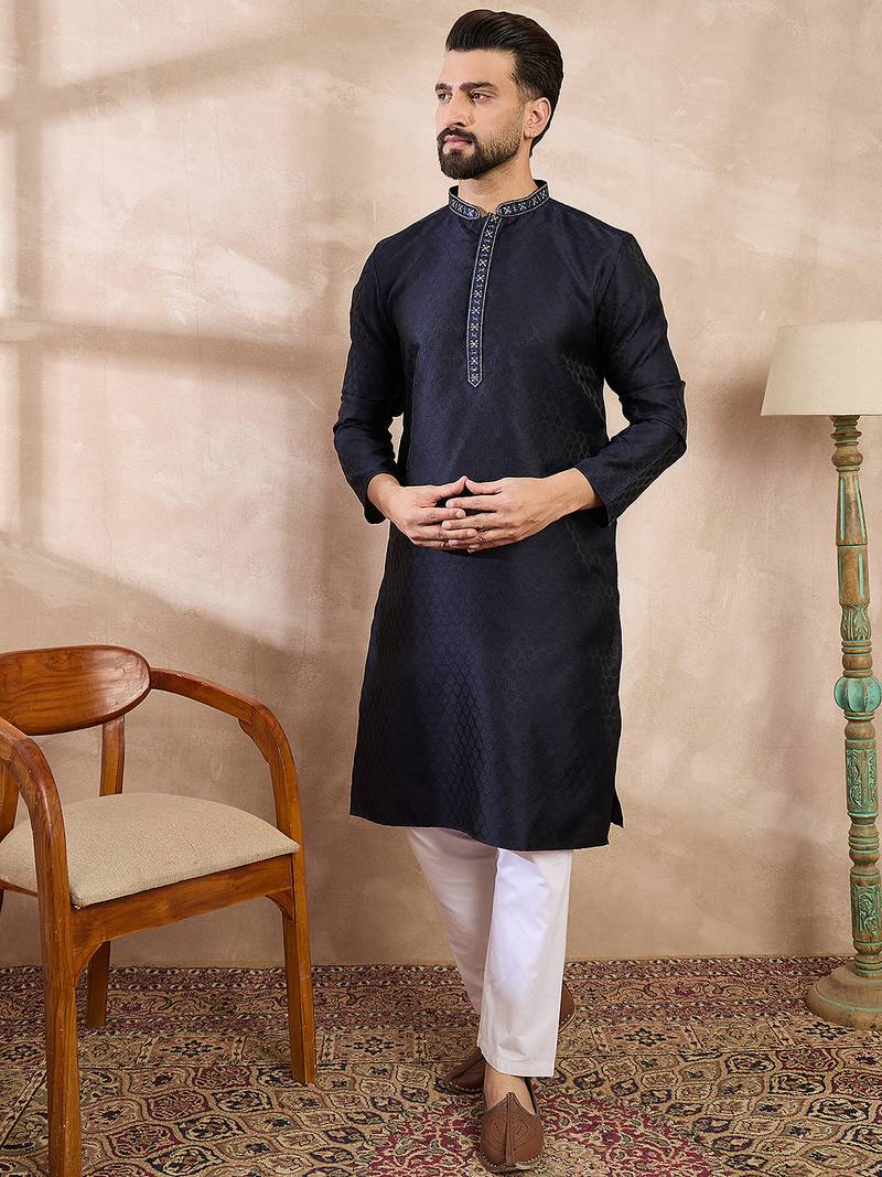 Men navy blue silk blend solid woven design straight kurta with trouser