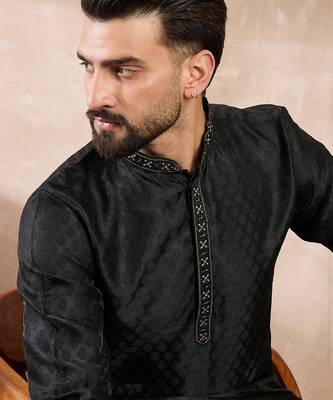 Men black silk blend solid woven design straight kurta with trouser 1