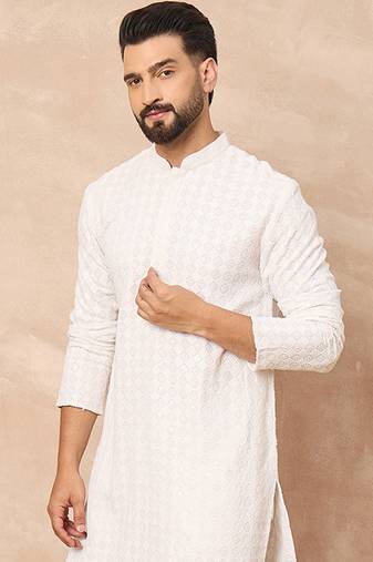 Men white viscose rayon solid embroidered straight kurta