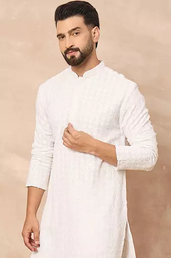Men white viscose rayon solid embroidered straight kurta