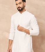 Men white viscose rayon solid embroidered straight kurta