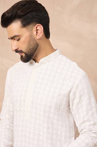 Men white viscose rayon solid embroidered straight kurta