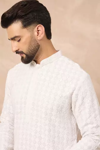 Men white viscose rayon solid embroidered straight kurta