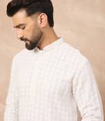 Men white viscose rayon solid embroidered straight kurta