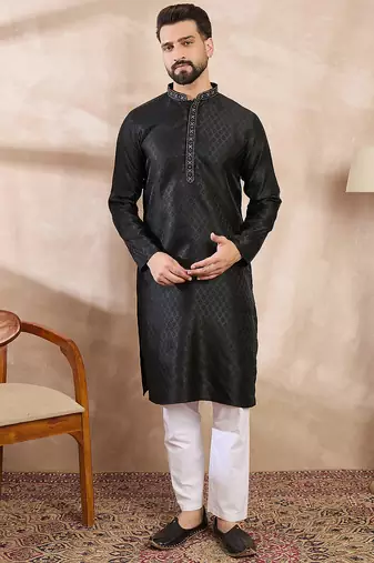 Men black silk blend solid woven design straight kurta with trouser
