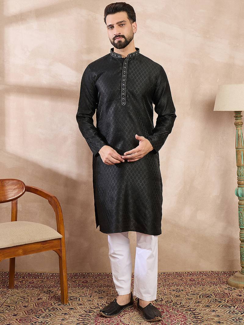 Men black silk blend solid woven design straight kurta with trouser