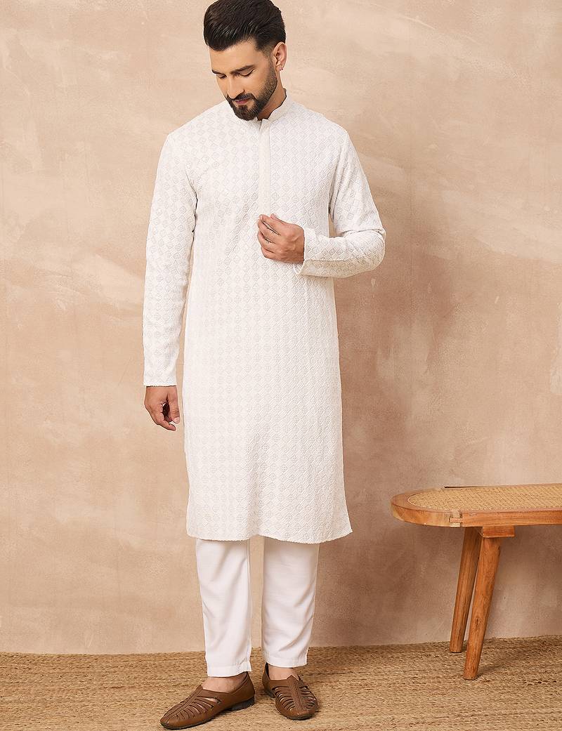 Men white viscose rayon solid embroidered straight kurta