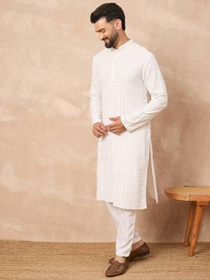 Men white viscose rayon solid embroidered straight kurta 3