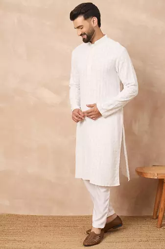 Men white viscose rayon solid embroidered straight kurta