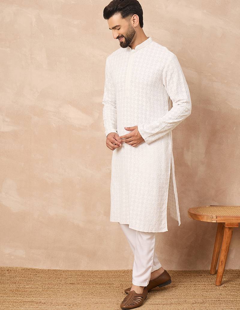 Men white viscose rayon solid embroidered straight kurta