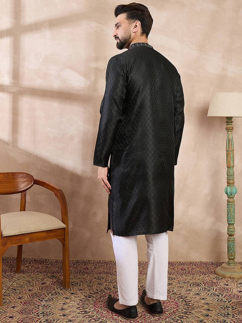 Men black silk blend solid woven design straight kurta with trouser