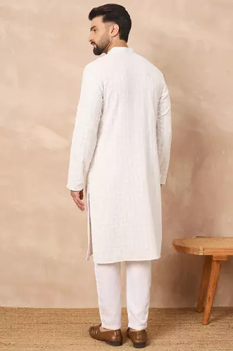 Men white viscose rayon solid embroidered straight kurta