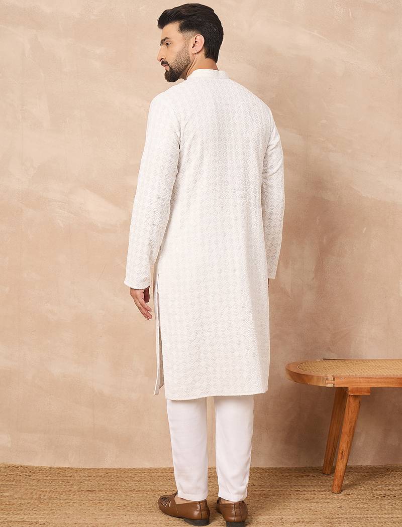 Men white viscose rayon solid embroidered straight kurta