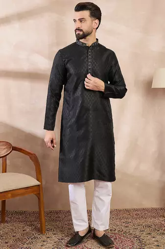 Men black silk blend solid woven design straight kurta with trouser