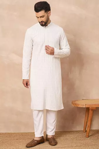 Men white viscose rayon solid embroidered straight kurta