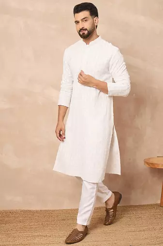 Men white viscose rayon solid embroidered straight kurta