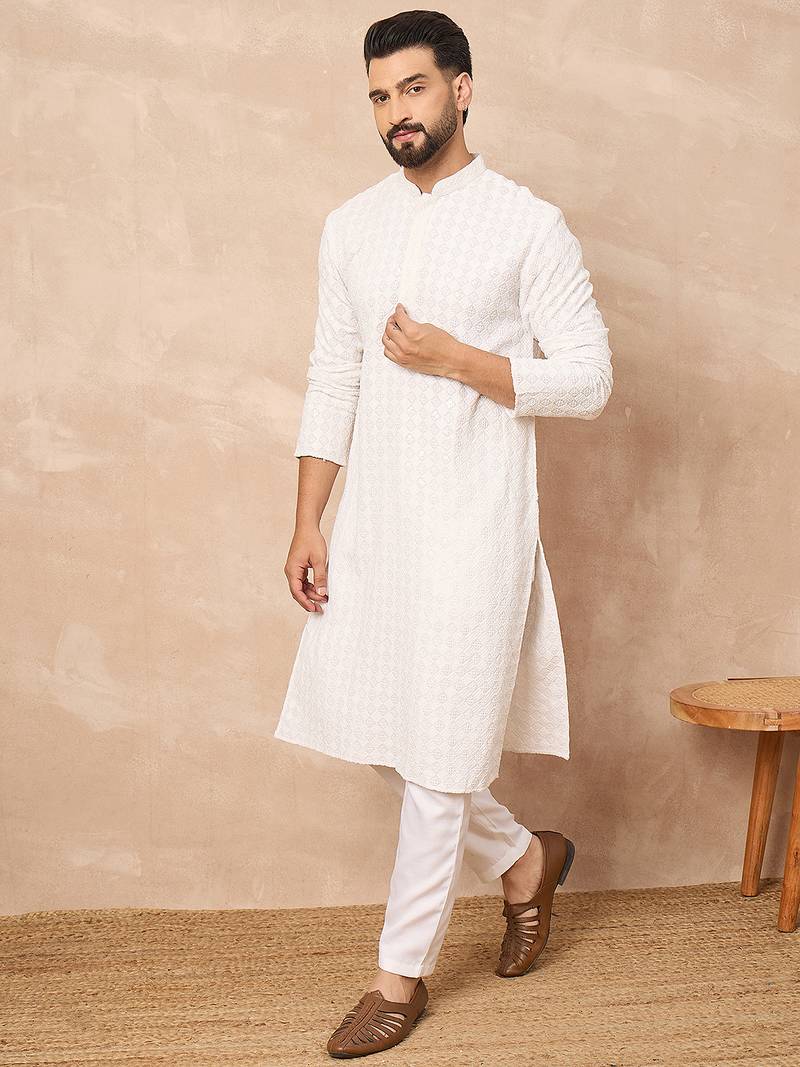 Men white viscose rayon solid embroidered straight kurta