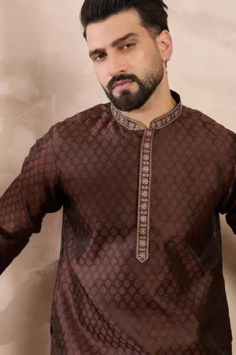 Men brown silk blend solid woven design straight kurta with trouser
