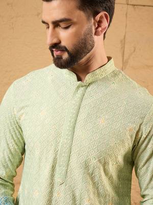 Men green viscose rayon bandhani embroidered straight kurta 2