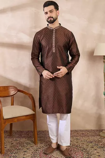 Men brown silk blend solid woven design straight kurta with trouser