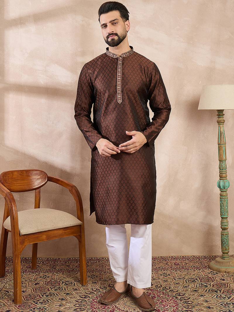 Men brown silk blend solid woven design straight kurta with trouser