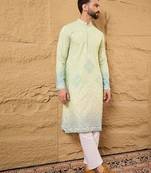 Men green viscose rayon bandhani embroidered straight kurta