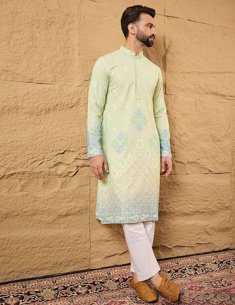 Men green viscose rayon bandhani embroidered straight kurta