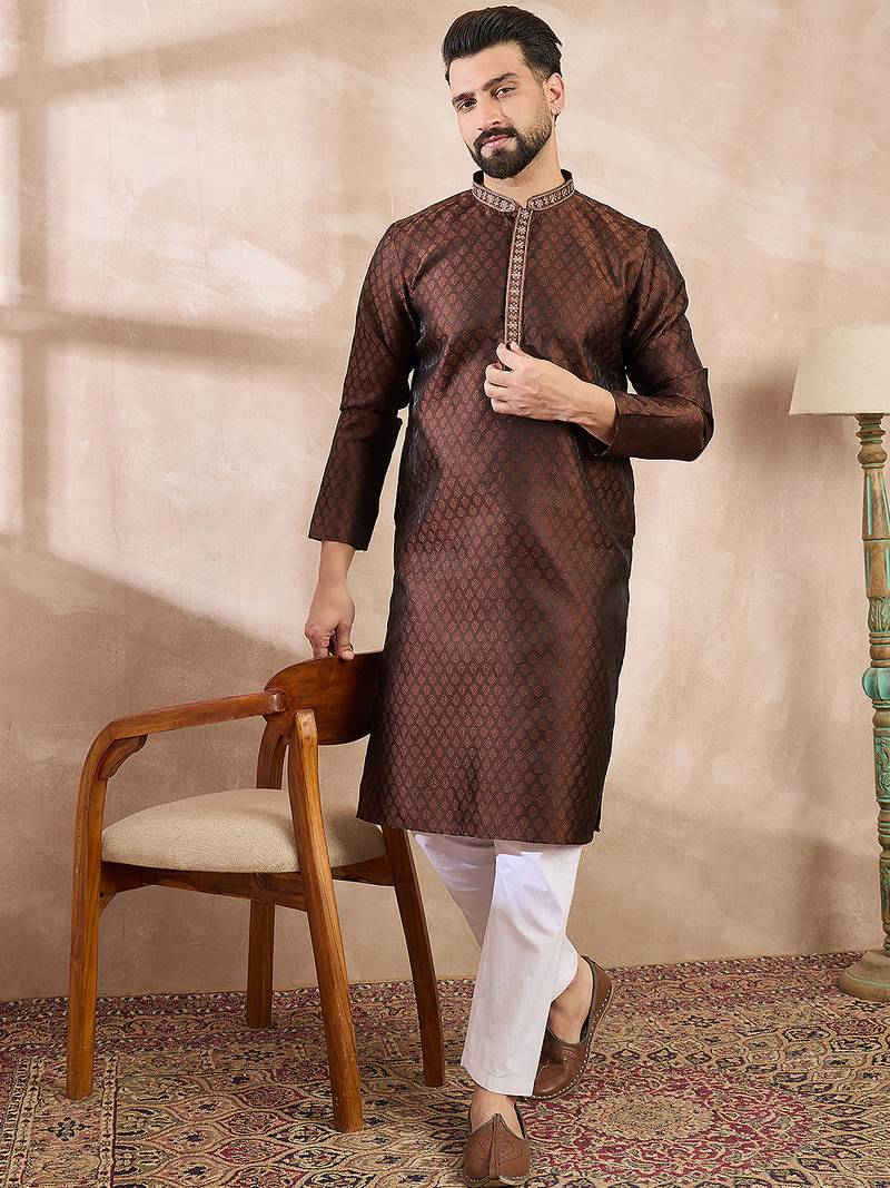 Men brown silk blend solid woven design straight kurta with trouser